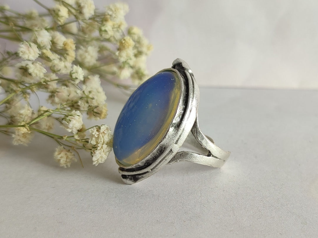 Moonstone antique silver ring, Moonstone Opalite cocktail ring, March birthstone ring