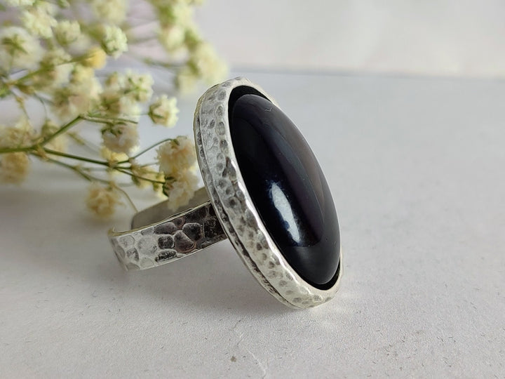 Black Onyx ring for women, adjustable black stone statement ring, black cocktail ring, dress ring