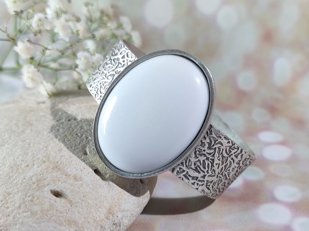 White porcelain bangle bracelet, silver cuff bracelet, white stone bracelet, silver bangle
