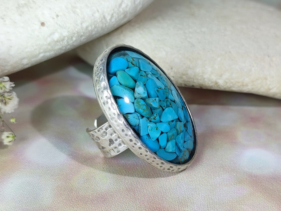 Large Turquoise Howlite ring, antique silver adjustable gemstone cocktail ring, statement ring, unusual costume ring