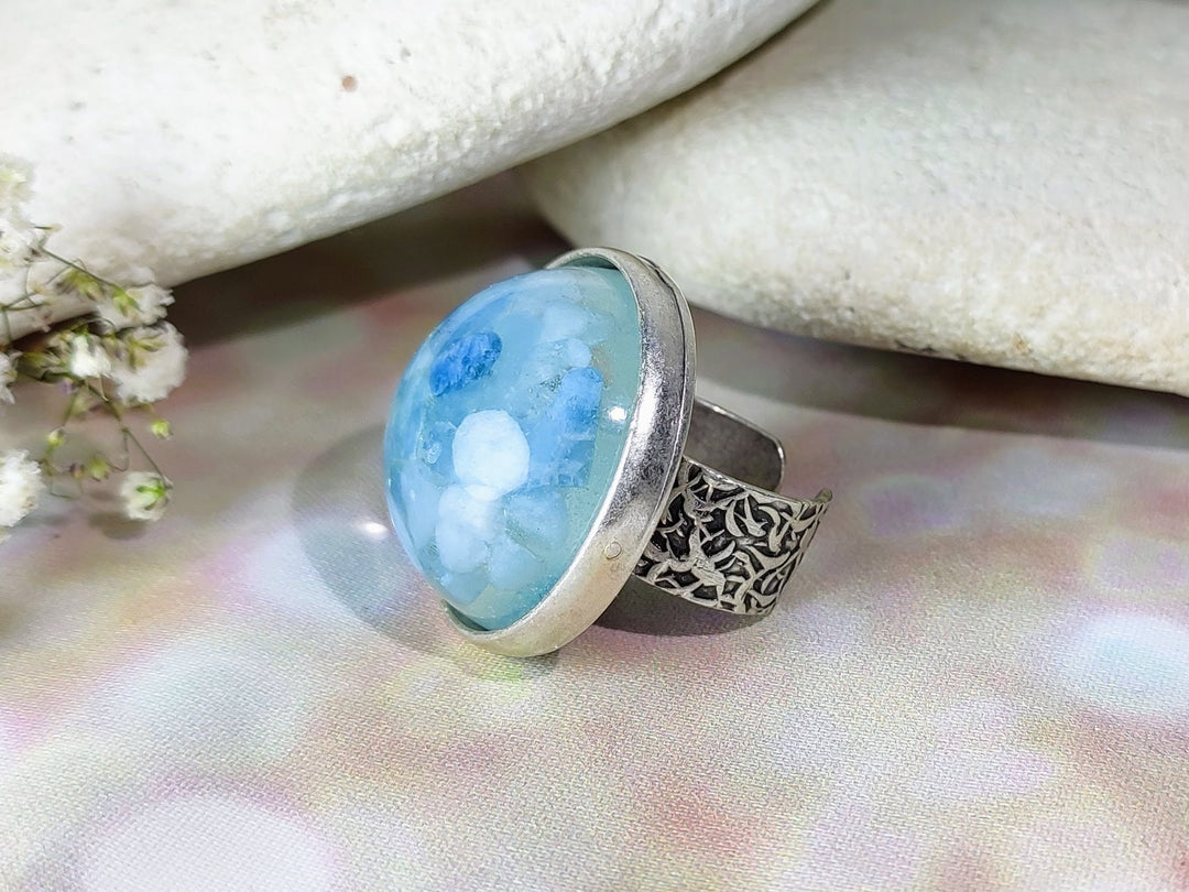 Aquamarine March birthstone ring, Aquamarine cocktail ring, large Aquamarine gemstone ring, adjustable silver statement ring