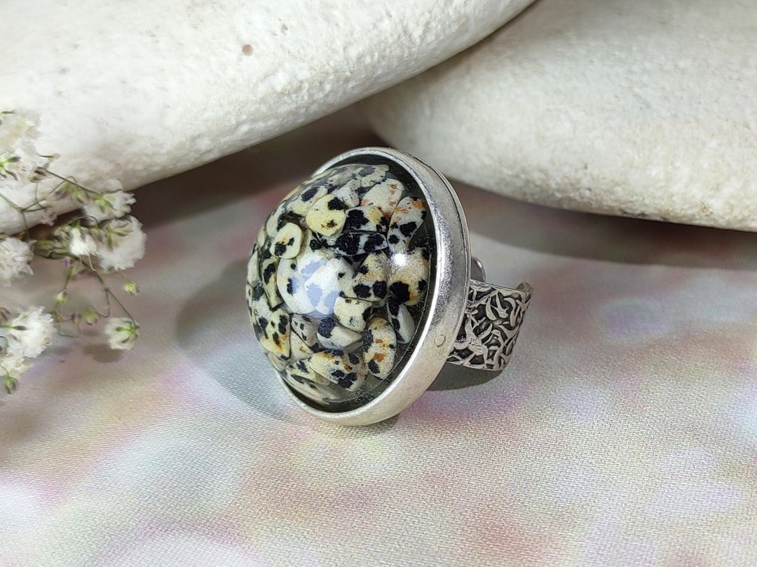 Jasper ring, Dalmation Jasper natural stone silver cocktail ring, Large oval stone antique silver ring, large stone statement ring,