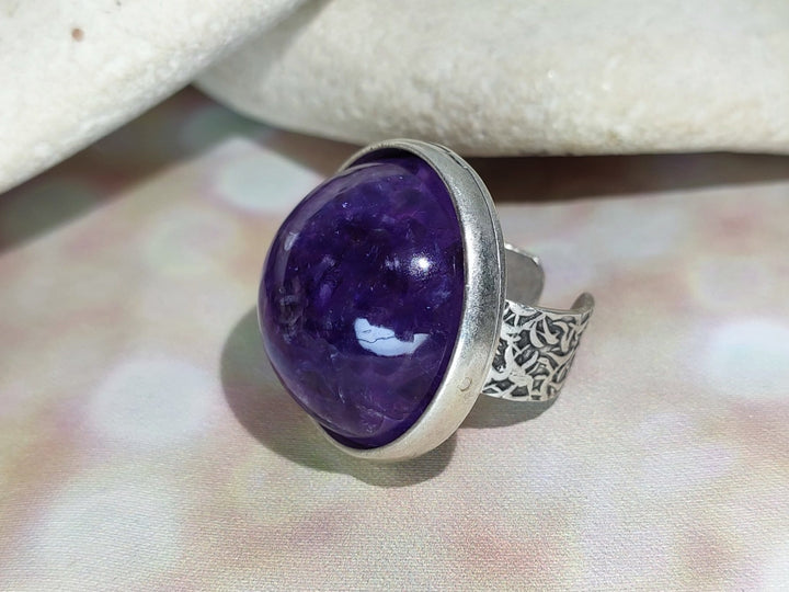 Amethyst silver ring, adjustable large gemstone cocktail statement ring, February birthstone ring, Pisces jewellery