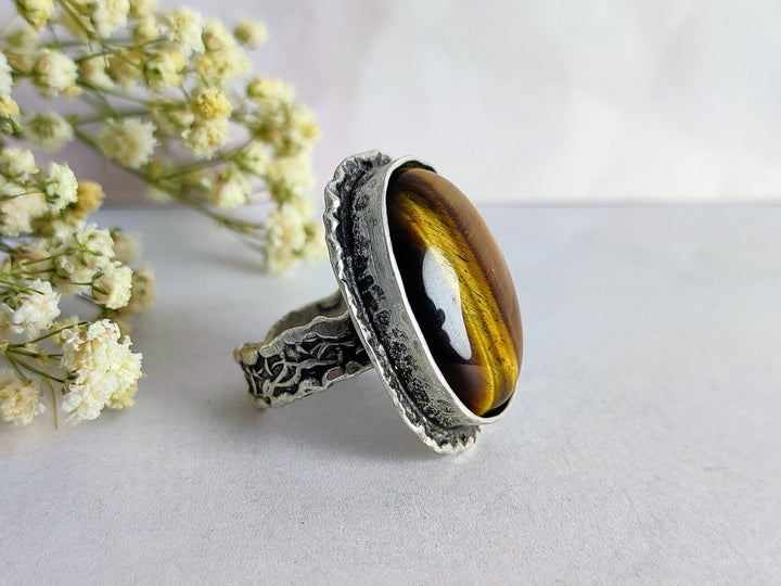 Womens Tigers Eye ring, Tigers Eye cocktail ring, antique silver cocktail statement ring