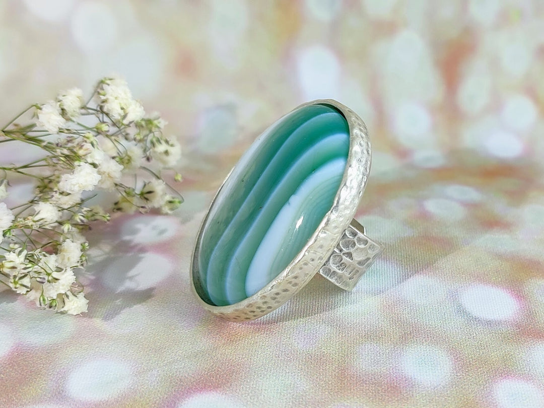 Green Agate silver statement ring, Agate large gemstone ring, adjustable open silver ring