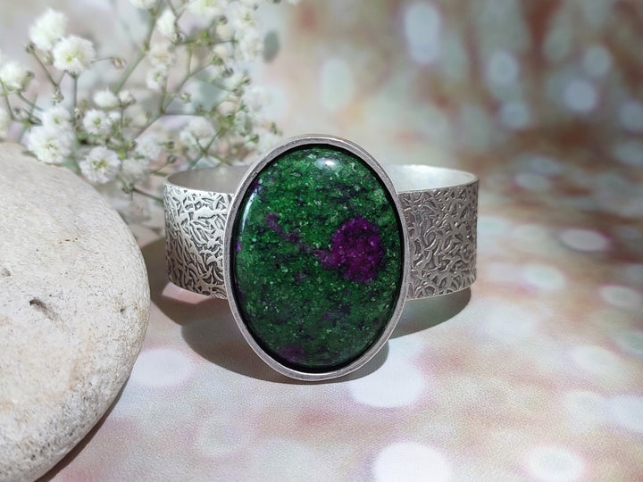 Ruby Zoisite bangle bracelet, silver cuff bracelet, green natural stone bracelet, silver cuff bangle