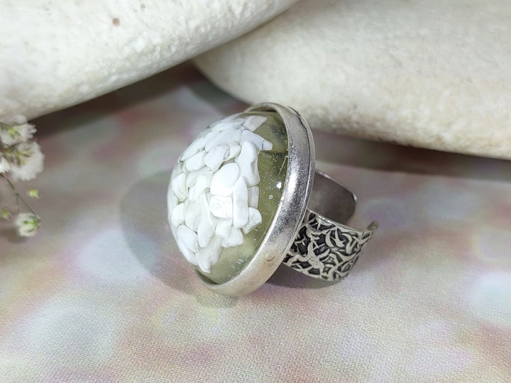 Large gemstone ring, Howlite ring, antique silver cocktail statement ring