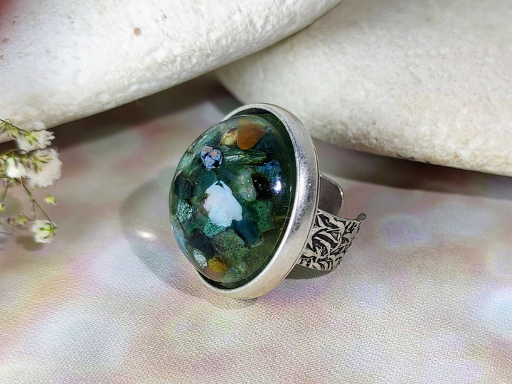 Indian Agate ring, natural stone large silver statement ring, adjustable Agate cocktail ring