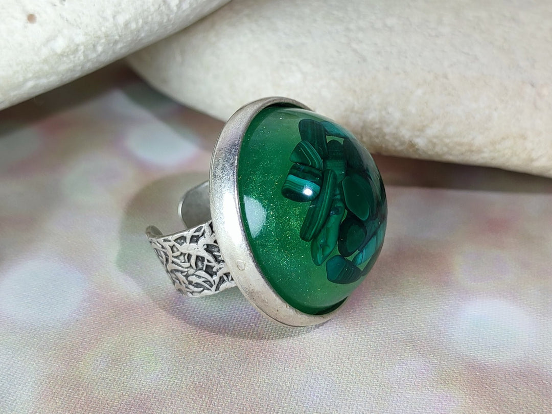 Malachite antique silver large gemstone cocktail statement ring, adjustable unusual silver gemstone ring