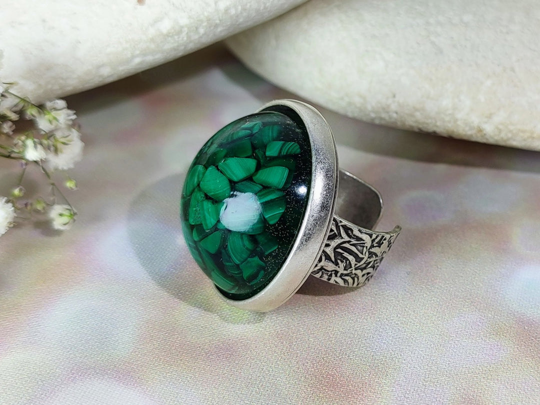 Antique silver Malachite cocktail ring, silver gemstone ring, chunky silver statement ring