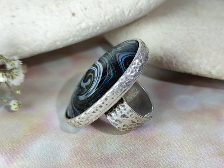 Black and white oval silver statement ring