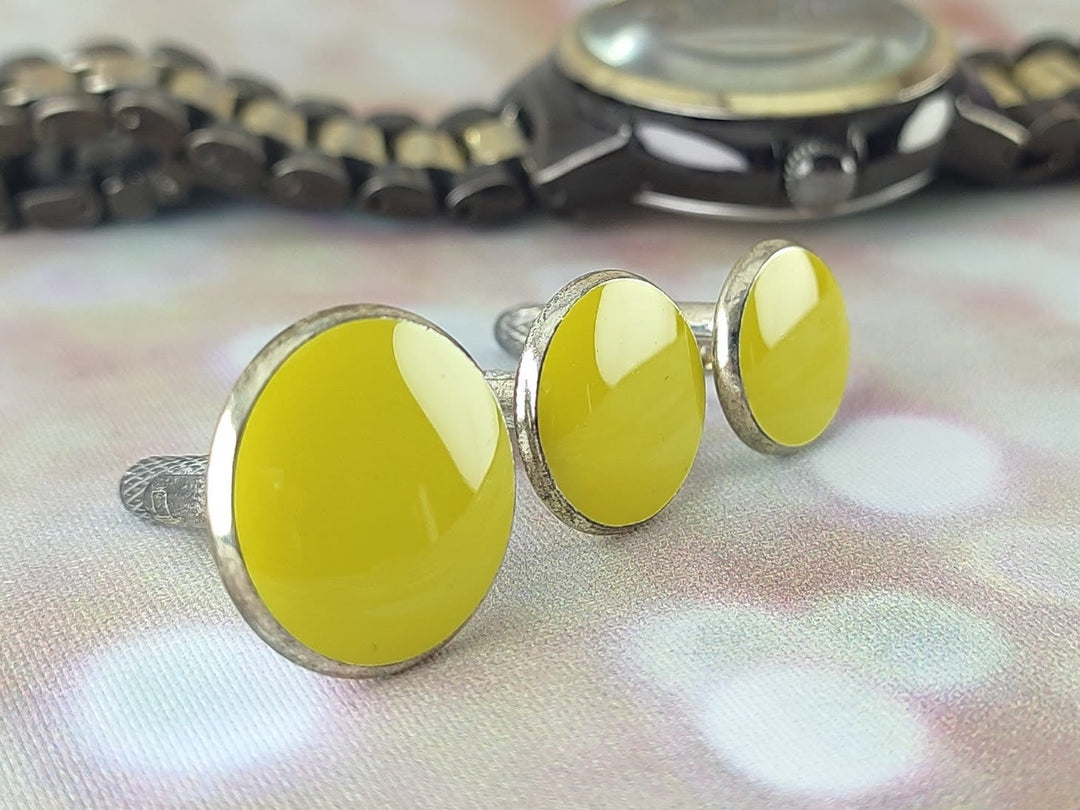 Yellow cuff links, Men's silver cuff links, Groom cuff links, best man cuff links, gift for dad boyfriend