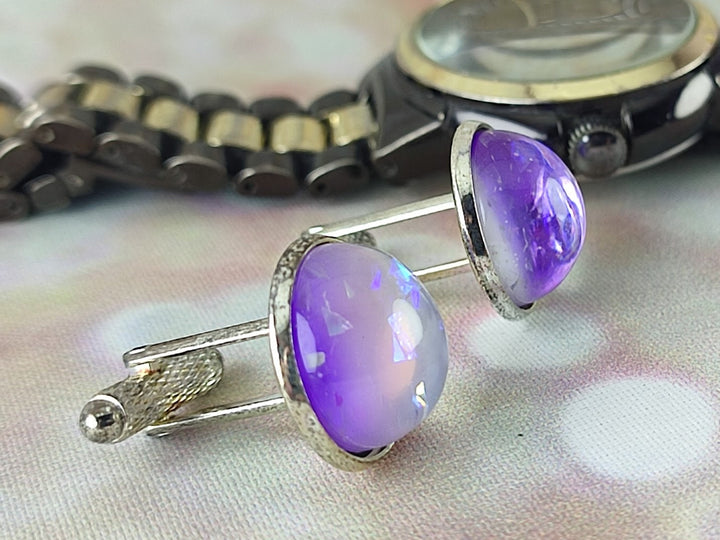 Lilac purple cuff links, groom cufflinks, best man cufflinks, unisex cufflinks, glass opal cuff links