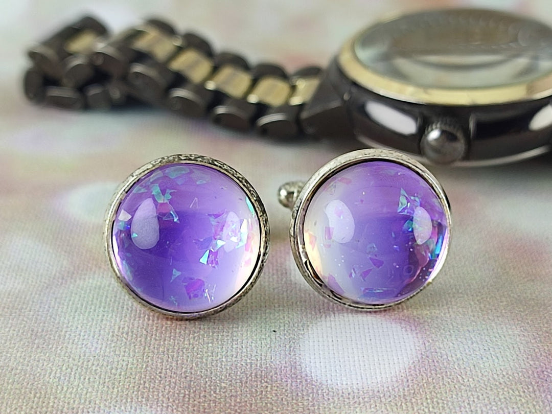 Lilac purple cuff links, groom cufflinks, best man cufflinks, unisex cufflinks, glass opal cuff links