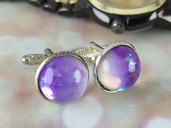 Lilac purple cuff links, groom cufflinks, best man cufflinks, unisex cufflinks, glass opal cuff links