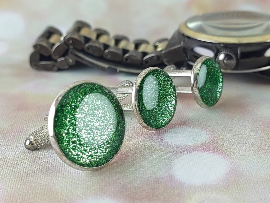 Green glitter cuff links, Silver and green cuff links, Formal cuff links, fun cuff linksCuff links for wedding, for Groom Best Man