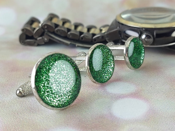 Green glitter cuff links, Silver and green cuff links, Formal cuff links, fun cuff linksCuff links for wedding, for Groom Best Man