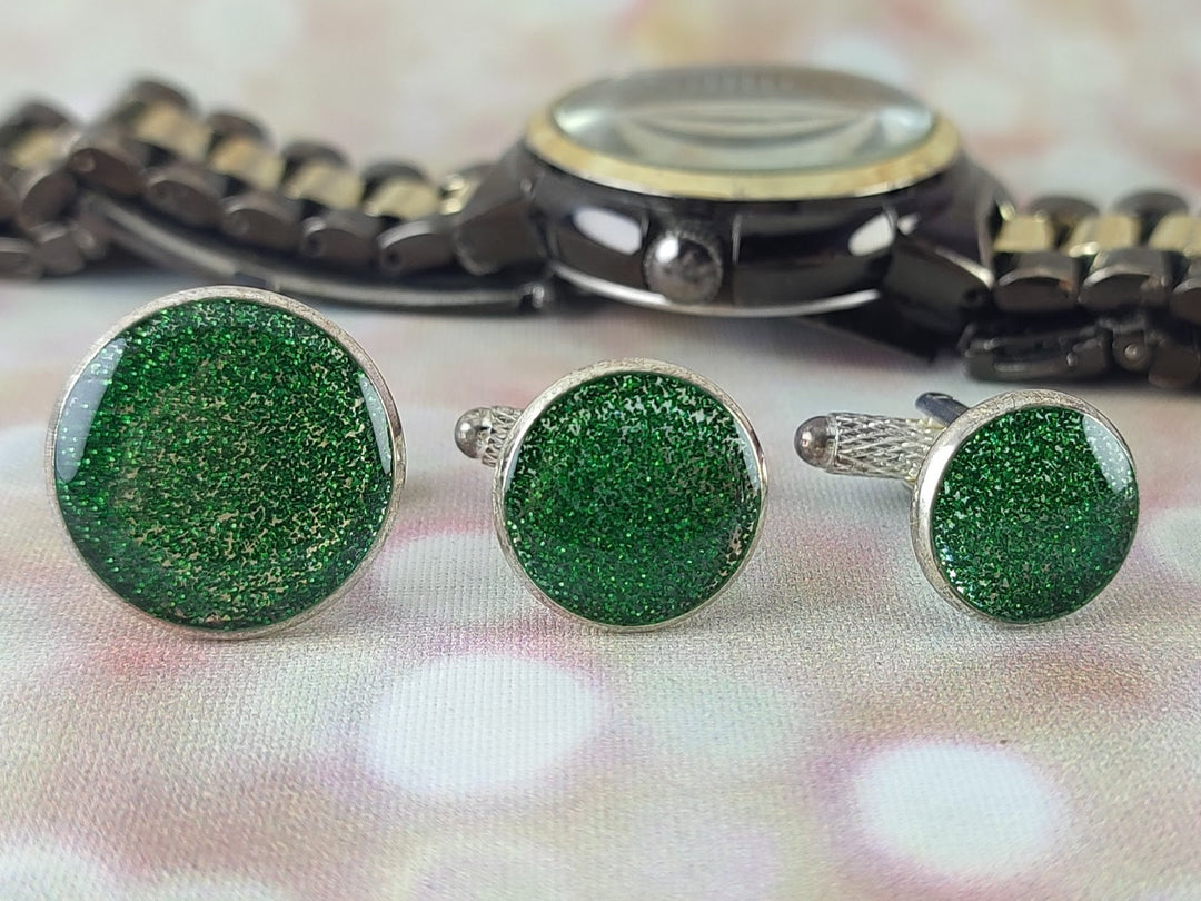 Green glitter cuff links, Silver and green cuff links, Formal cuff links, fun cuff linksCuff links for wedding, for Groom Best Man