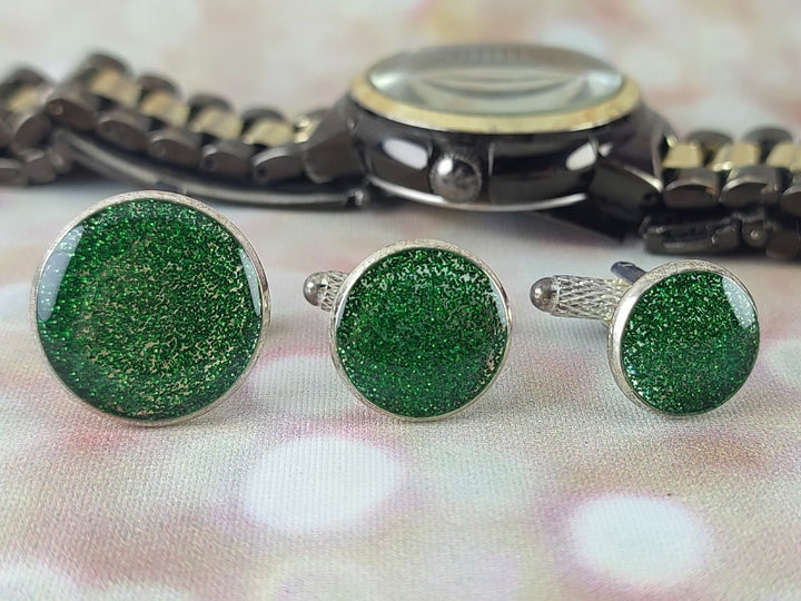 Green glitter cuff links, Silver and green cuff links, Formal cuff links, fun cuff linksCuff links for wedding, for Groom Best Man