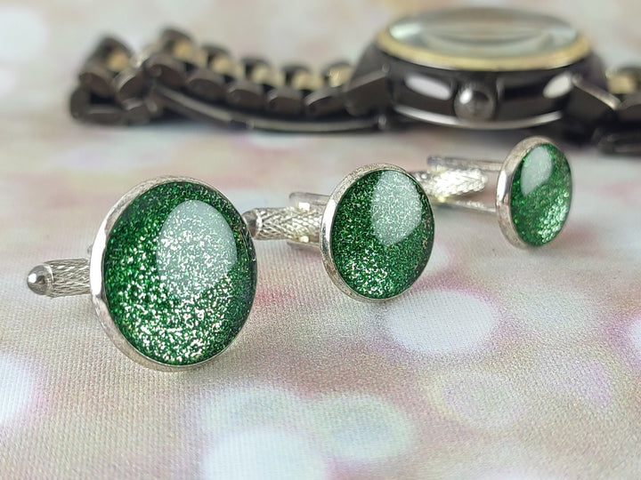 Green glitter cuff links, Silver and green cuff links, Formal cuff links, fun cuff linksCuff links for wedding, for Groom Best Man