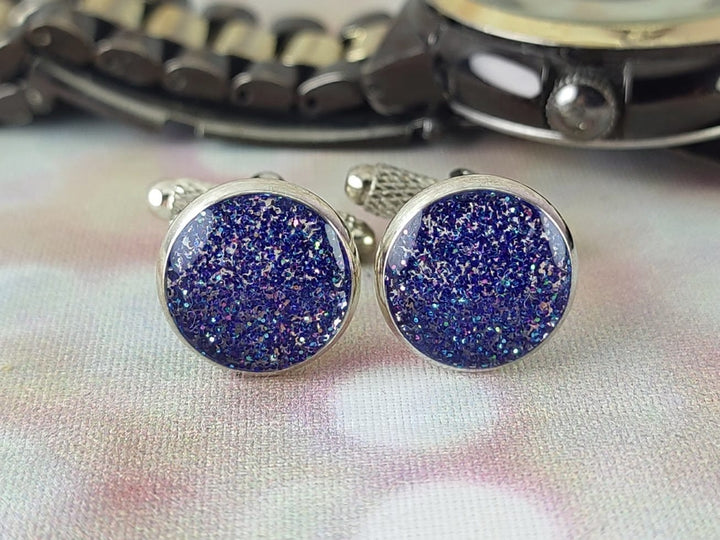 Blue glitter silver Cuff links with a hint of green, Gift for Husband Dad Son Boyfriend, Groom Best Man cuff links