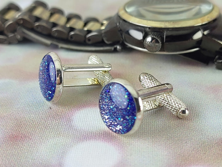 Blue glitter silver Cuff links with a hint of green, Gift for Husband Dad Son Boyfriend, Groom Best Man cuff links