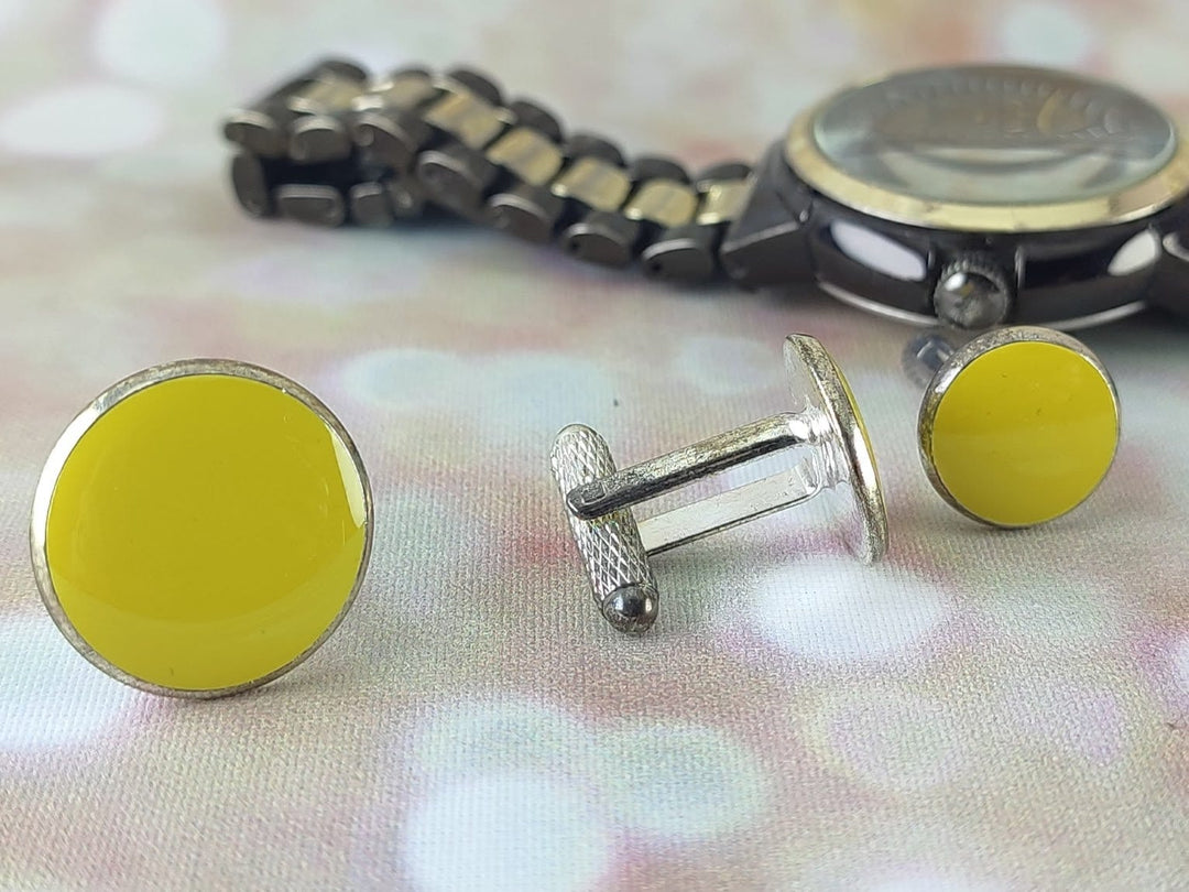 Yellow cuff links, Men's silver cuff links, Groom cuff links, best man cuff links, gift for dad boyfriend