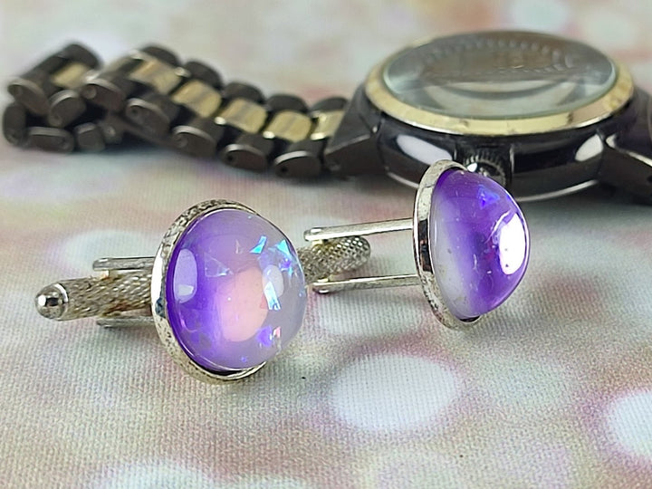 Lilac purple cuff links, groom cufflinks, best man cufflinks, unisex cufflinks, glass opal cuff links