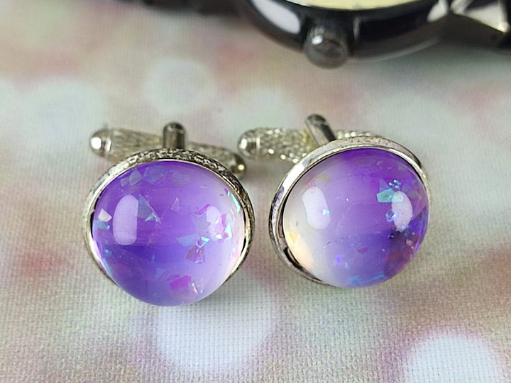 Lilac purple cuff links, groom cufflinks, best man cufflinks, unisex cufflinks, glass opal cuff links