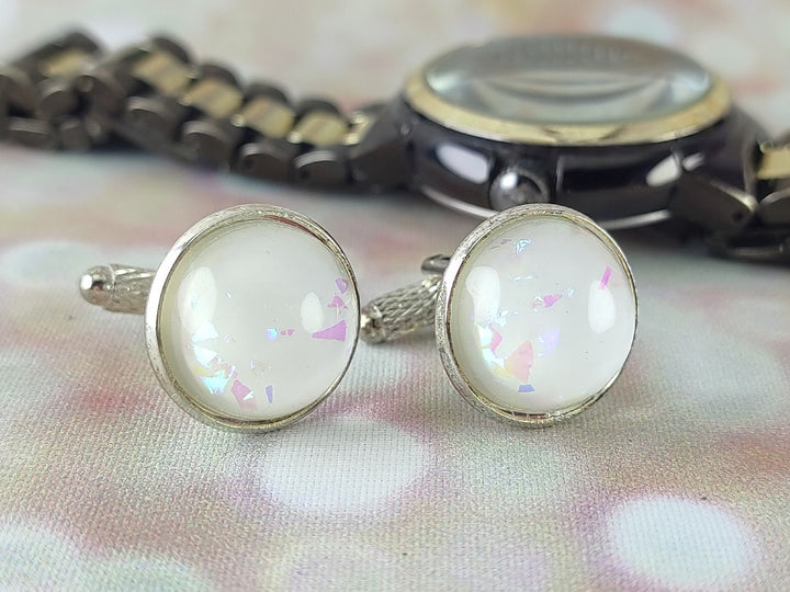 White Opal Cuff links, Silver cuff links, Wedding Cuff links for Groom Best Man, Fathers day  gift, gift for dad