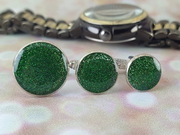 Green glitter cuff links, Silver and green cuff links, Formal cuff links, fun cuff linksCuff links for wedding, for Groom Best Man