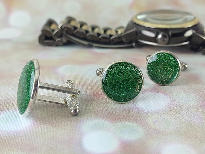 Green glitter cuff links, Silver and green cuff links, Formal cuff links, fun cuff linksCuff links for wedding, for Groom Best Man