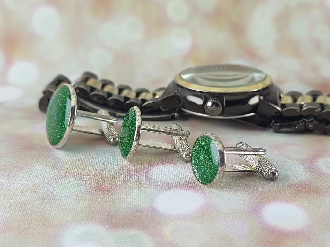 Green glitter cuff links, Silver and green cuff links, Formal cuff links, fun cuff linksCuff links for wedding, for Groom Best Man