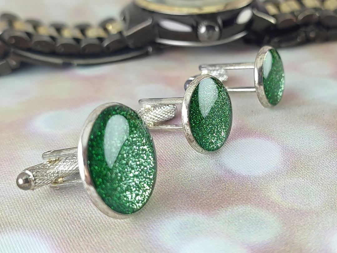 Green glitter cuff links, Silver and green cuff links, Formal cuff links, fun cuff linksCuff links for wedding, for Groom Best Man
