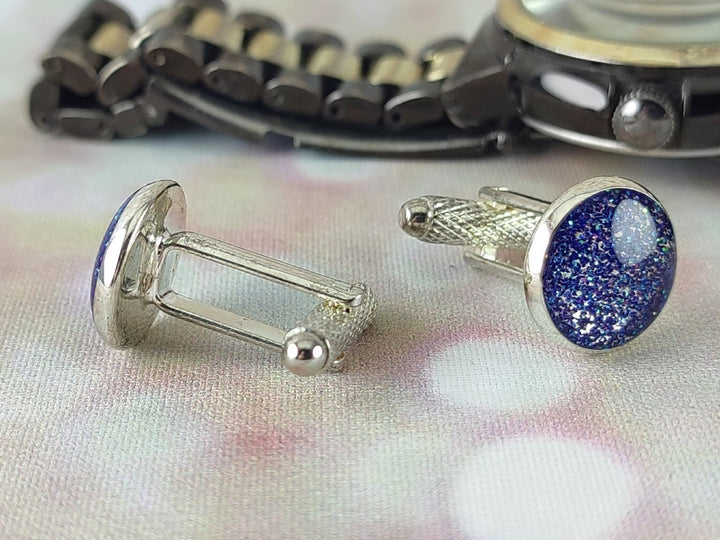 Blue glitter silver Cuff links with a hint of green, Gift for Husband Dad Son Boyfriend, Groom Best Man cuff links