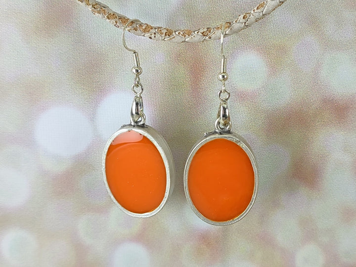 Orange oval earrings earrings, sterling silver earrings, orange dangle drop earrings