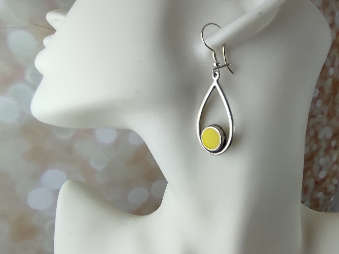 Long yellow silver earrings, teardrop sterling silver earrings, yellow dangle drop earrings