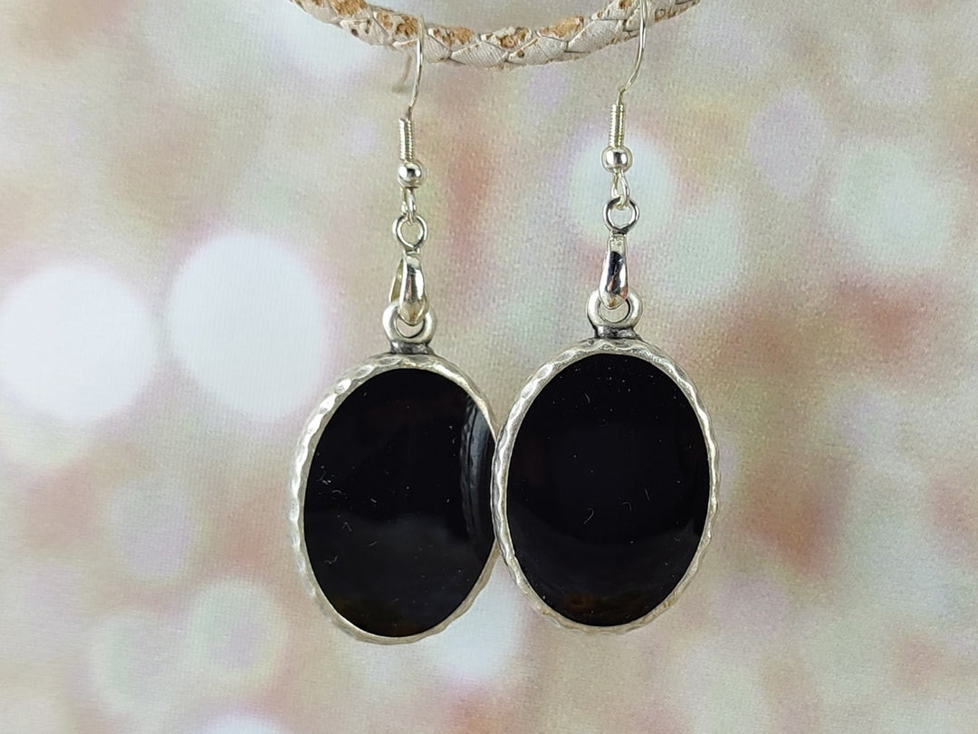 Long black silver earrings, oval black sterling silver earrings, black dangle drop earrings