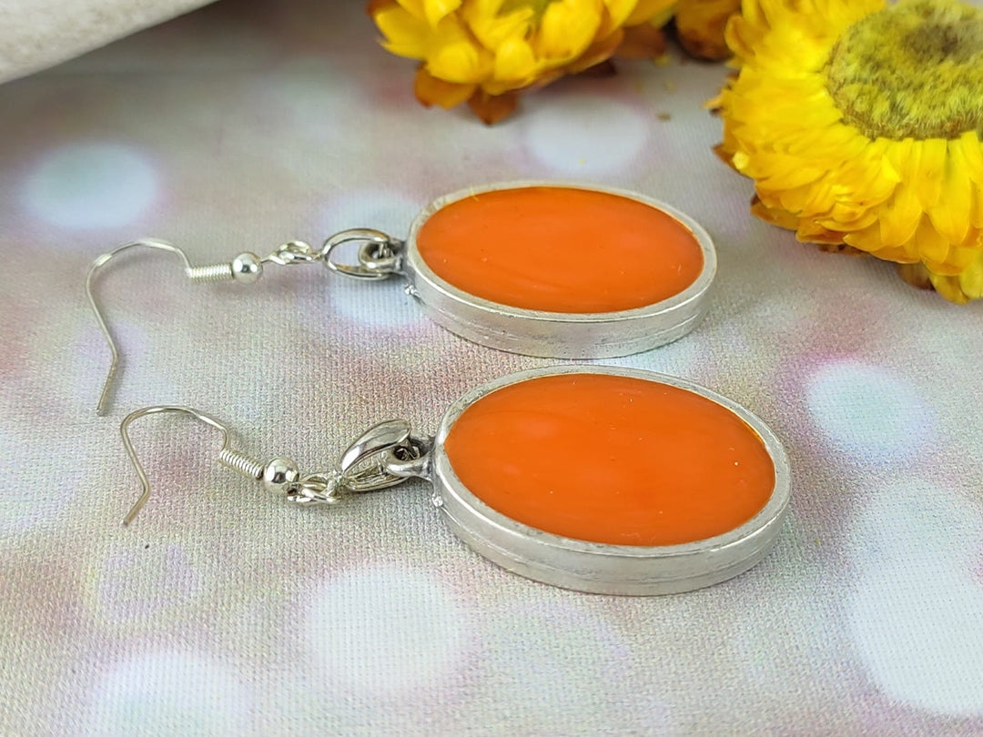 Orange oval earrings earrings, sterling silver earrings, orange dangle drop earrings