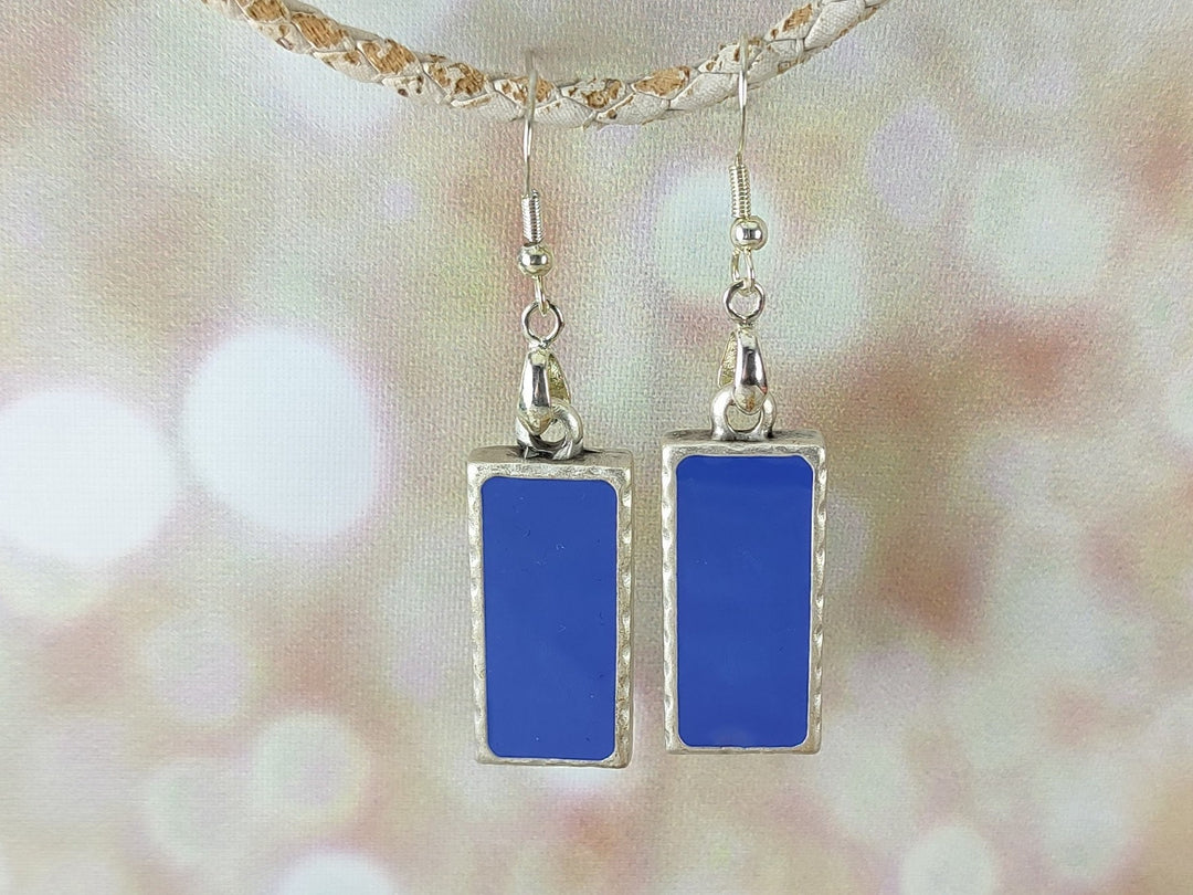 Long blue rectangular earrings, 925 sterling silver earrings, blue dangle drop earrings