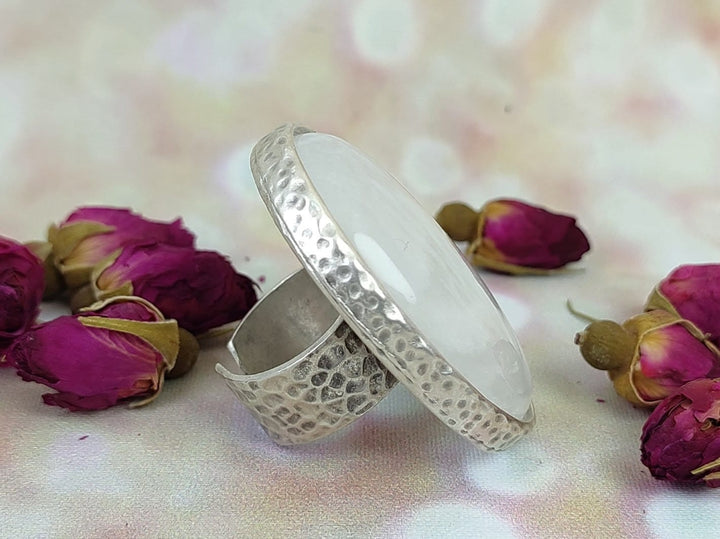 Large white Quartz silver statement ring, oval large white crystal ring, adjustable large gemstone ring