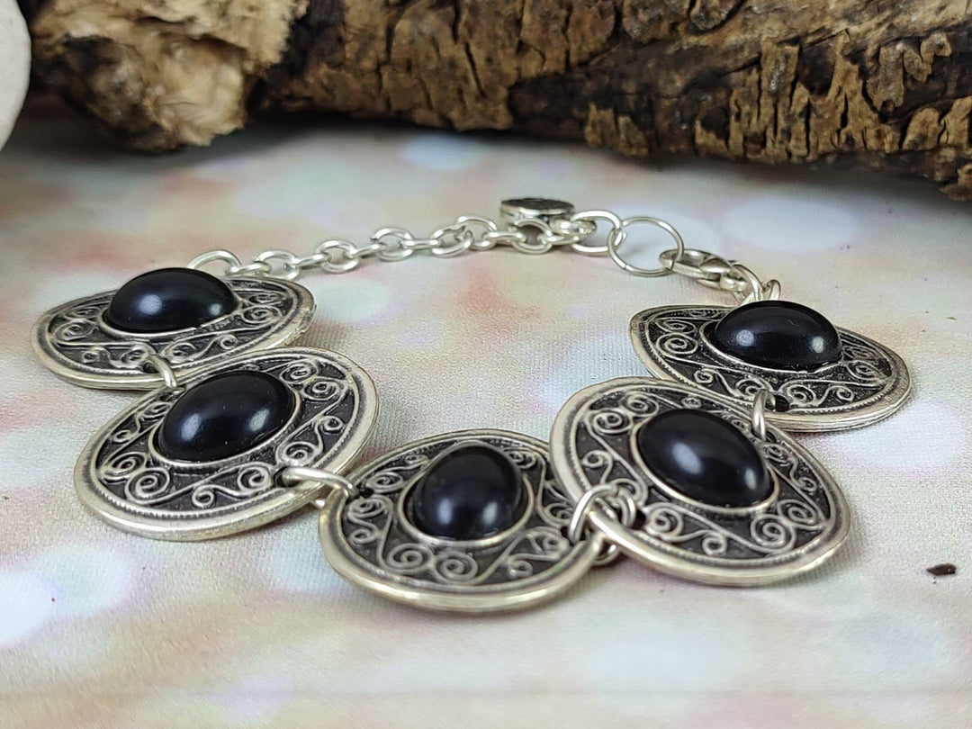 Ethnic boho silver coin bracelet with black Onyx inset, Turkish bracelet, silver statement bracelet, black gemstone bracelet