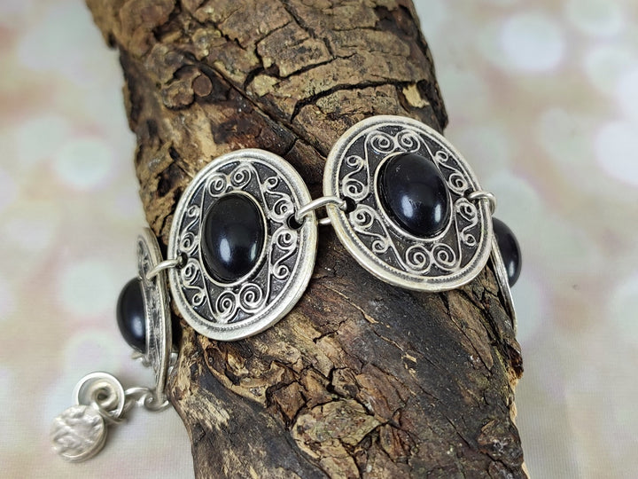 Ethnic boho silver coin bracelet with black Onyx inset, Turkish bracelet, silver statement bracelet, black gemstone bracelet