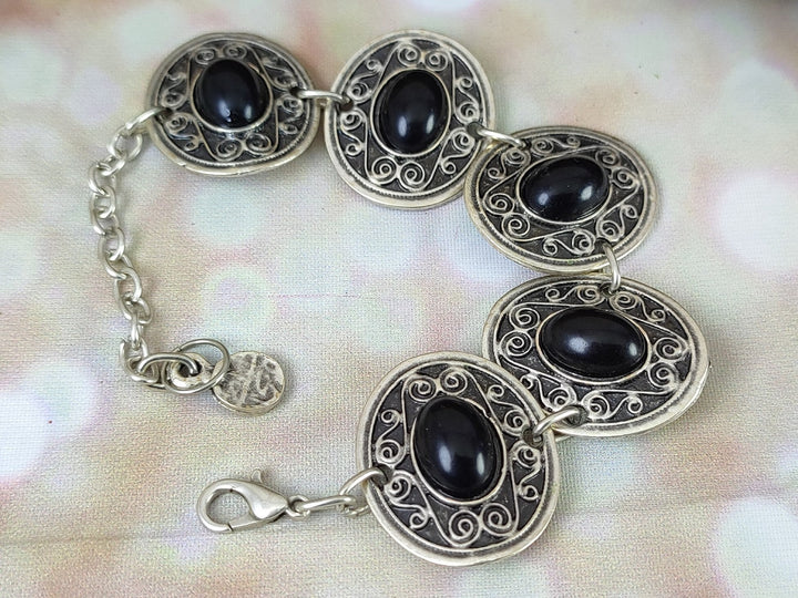 Ethnic boho silver coin bracelet with black Onyx inset, Turkish bracelet, silver statement bracelet, black gemstone bracelet