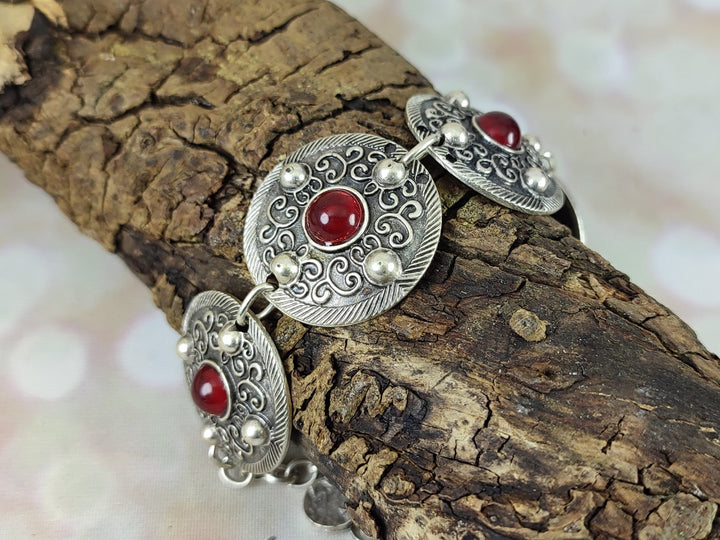 Silver bracelet with Carnelian gemstones, boho ethnic silver bracelet, Turkish silver coin bracelet, red stone bracelet