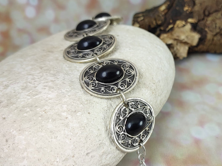 Ethnic boho silver coin bracelet with black Onyx inset, Turkish bracelet, silver statement bracelet, black gemstone bracelet