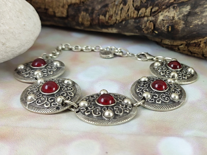 Silver bracelet with Carnelian gemstones, boho ethnic silver bracelet, Turkish silver coin bracelet, red stone bracelet