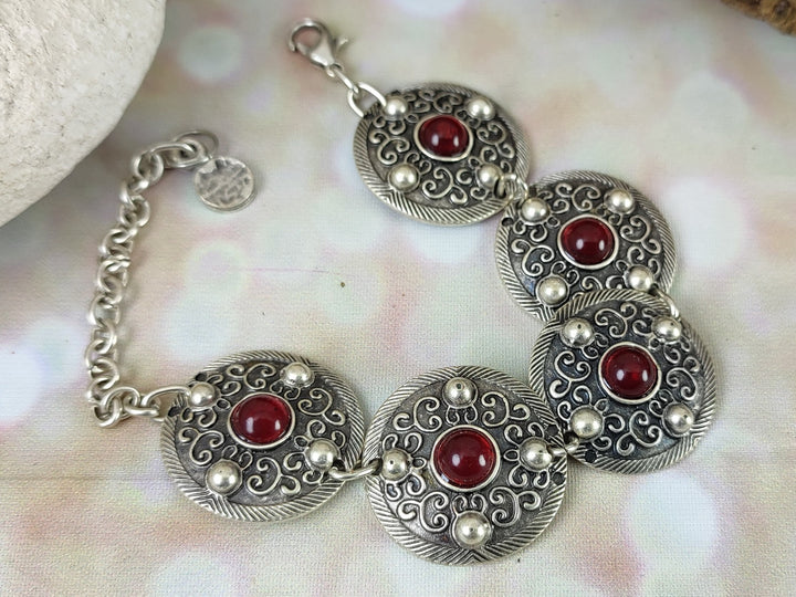 Silver bracelet with Carnelian gemstones, boho ethnic silver bracelet, Turkish silver coin bracelet, red stone bracelet