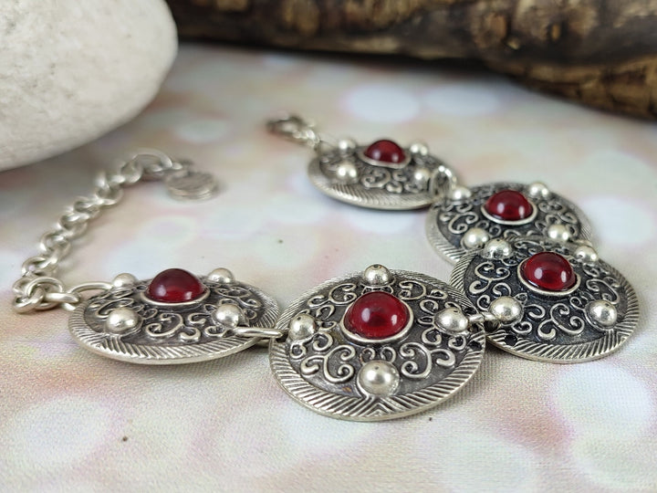 Silver bracelet with Carnelian gemstones, boho ethnic silver bracelet, Turkish silver coin bracelet, red stone bracelet