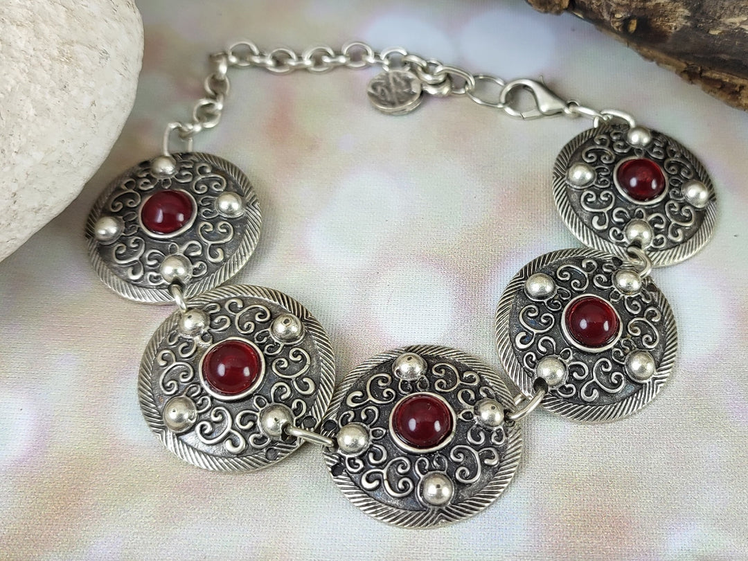 Silver bracelet with Carnelian gemstones, boho ethnic silver bracelet, Turkish silver coin bracelet, red stone bracelet